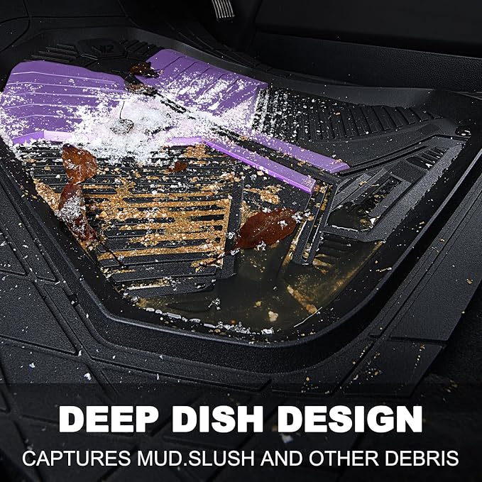 CAR PASS Heavy Duty Rubber Car Mats, Deep-Dish Car Floor Mats All Weather, Universal Two-Tone Trim-to-Fit for SUVs Trucks Sedans, Waterproof Anti-Slip, 3 Pieces V12 Black and Metallic Purple