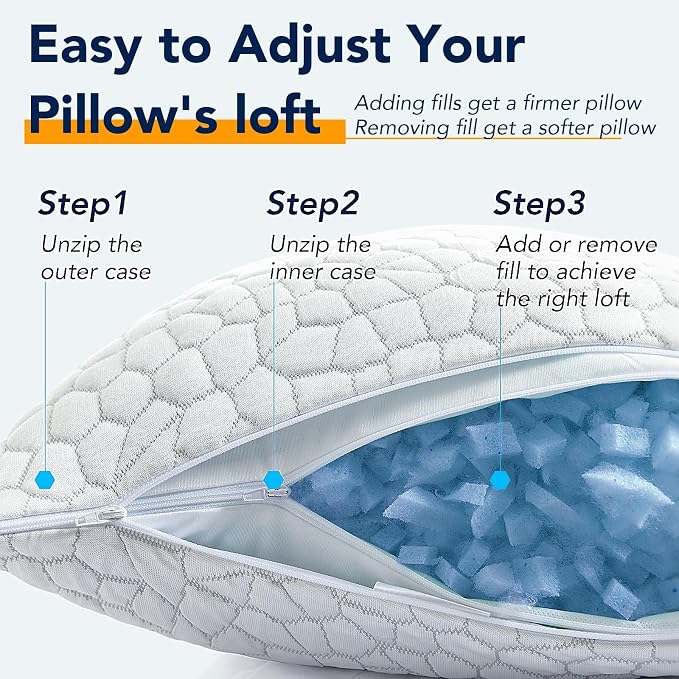 QUTOOL Cooling Pillow for Sleeping 2 Pack,Luxury Shredded Memory Foam Bed Standard Pillows Set of 2,Cool Pillow for Hot Sleepers Adjustable Firm Pillow for Side,Back,Stomach Sleepers Soft Yet Support