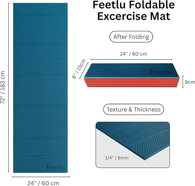 Foldable Yoga Exercise Mat, 6mm/8mm/10mm/12mm Thickness, 72 x 24 Inch - Lightweight, Anti-Slip, and Easy to Store for Yoga, Pilates, Home Workouts, and Floor Exercises