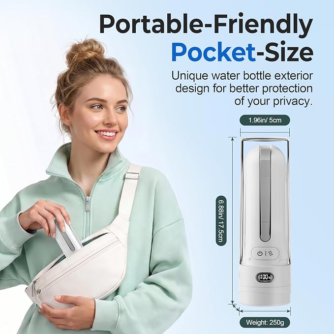 Electric Portable Bidet- Rechargeable Travel Bidet for Women, Postpartum, Hygiene | 3 Pressure Modes, 260 Uses/Charge, IPX7 Waterproof, Foldable & Compact, Standard Bottle Fit, USB-C Charging, White