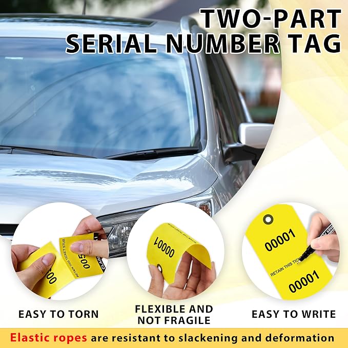 1000 Pcs Duplicate Auto Park Tags (Numbered 1-1000) 4.72" x 2.36" Inch Valet Parking Tickets with Strings Claim Check Tags with Marker for Valet Coat Check and Hotel Luggage Tags (1000, Yellow)