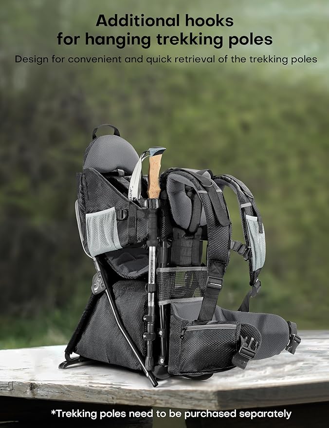besrey Baby Backpack Carrier, Toddler Hiking Backpack with Safety 3-Height Seat, Adjustable Straps&Waist Belt, Foldable Frame Lightweight Large Capacity Child Carrier for Hiking (Shiny Black)