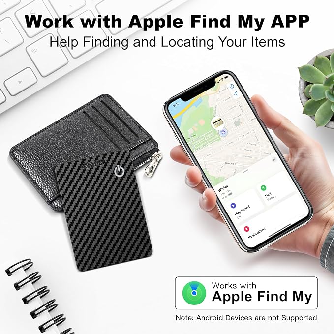Wallet Tracker Card for Apple Find My (iOS Only), Ultra-Thin Bluetooth Tracker Smart Card Wallet Finder, IP68 Waterproof Slim Item Locator for Wallets, Keys, Passport & Luggage Tags (Jet Black)