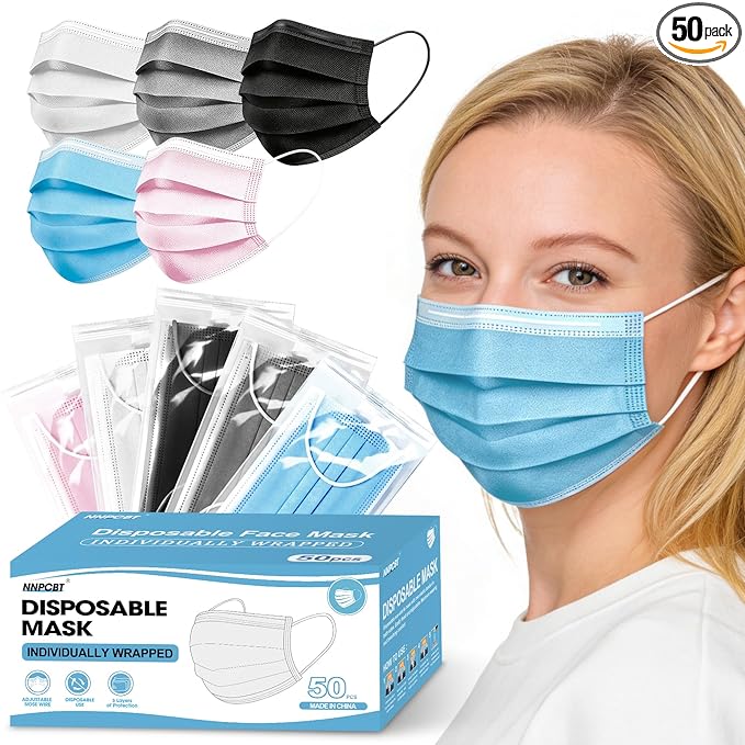 NNPCBT 5 Color Disposable Face Masks 50pcs, Individually Wrapped Masks for Adults, 3-Ply Breathable Disposable Mask For Outdoors, Home, Office, School