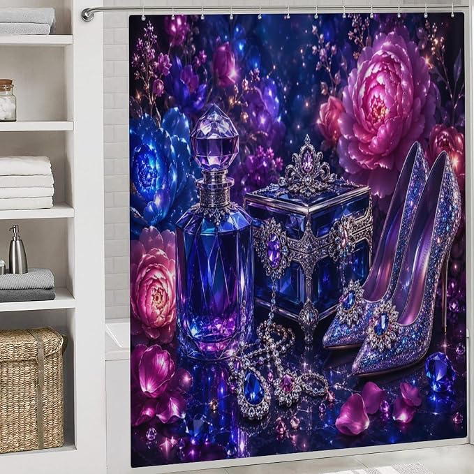 Magical Crystal Shoes And Jewelry Set Bathroom Rug Set 4 Piece with Shower Curtain Non Slip Bath Mat Set Microfiber Bathroom Decor Toilet Lid Cover U Shape Rug Waterproof Bathroom Accessories