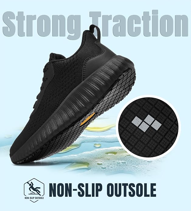 SHULOOK Women's Non Slip Work Shoes Slip-Resistant Kitchen Chef Restaurant Food Service Nurse Shoe Comfortable Mesh Breathable Walking Sneakers Black