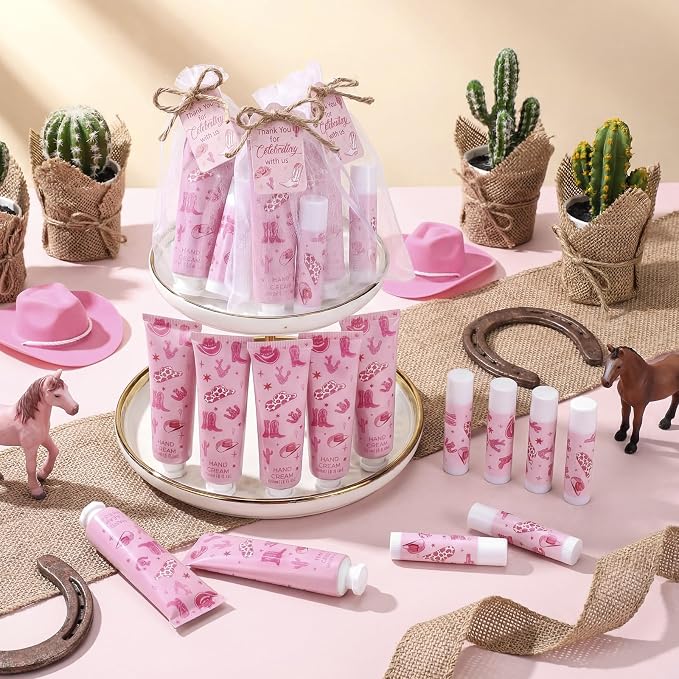 30 Sets Pink Cowgirl Hand Creams and Lip Balms Gift Bulk Western Bridal Shower Party Hand Lotion and Lip Balm First Rodeo Party Favors for Birthday Supplies