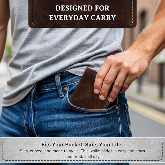 ROGUE WALLET Genuine Leather Wallets for Men – Minimalist, Classic Curved Front Pocket w/ 3 Card Slots, Plastic ID Card Slot & Full Billfold Section – Gifts for Men (Distressed Brown)