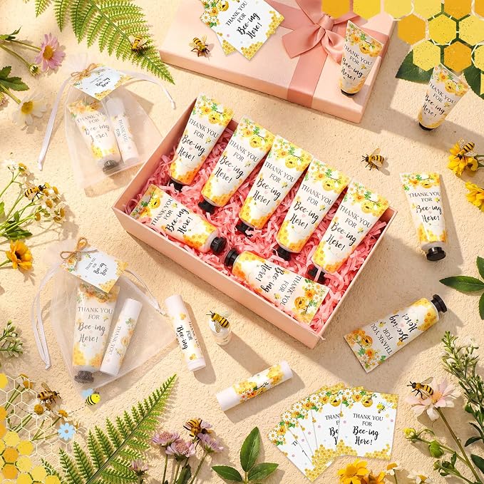 50 Sets 200 Pcs Baby Shower Hand Lotion and Lip Balm Gift Theme Baby Shower Party Favors Travel Size Hand Lotion and Lip Balm Bulk with Organza Bags Tags(50 Pcs,Bee)