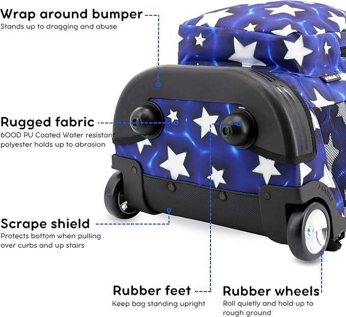 J World Sunrise Kids Rolling Backpack for Girls Boys. Roller Bookbag With Wheels For School, Puffy Star