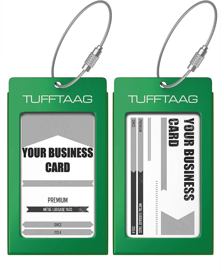 Luggage Tags Business Card Holder by TUFFTAAG - Durable Travel ID Bag Tag, Emerald, 2 Tags