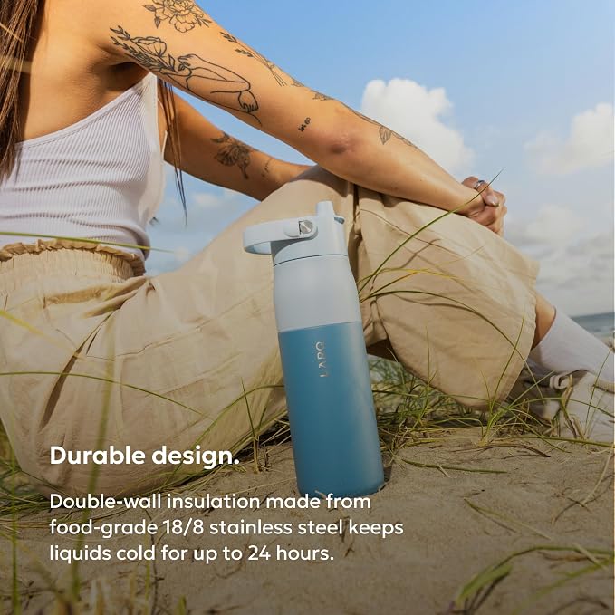 LARQ Swig Top — Insulated Stainless Steel Water Bottle with Straw, Detachable Silicone Handle, Vacuum 24h Cold, BPA-Free Metal Bottle for Gym, Travel, Office, Wide Mouth for Ice — 34 oz, Amalfi Blue