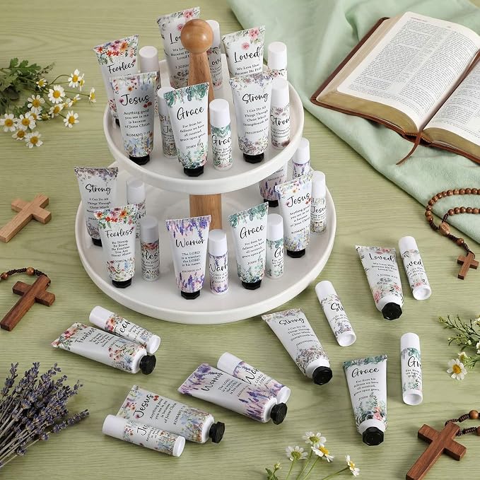Loopeer 18 Sets Bulk Christian Hand Cream and Lip Balm Set for Women Religious Travel Size Moisturizing Lip Care Mini Religious Gifts for Women Coworker Appreciation Gift