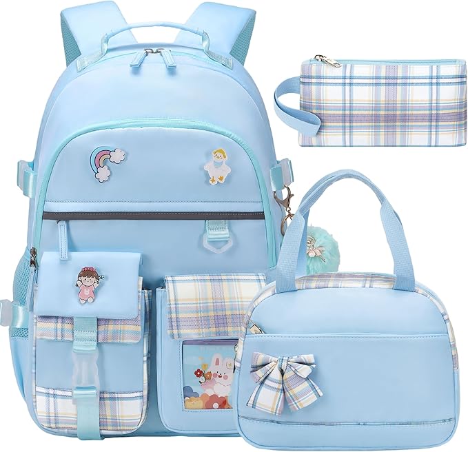 Backpack for Girls 15.6 Inch Laptop School Bag Kids Elementary College 3pcs Backpacks Lunch box Pencil Case Set Bookbags for Girls Teen Women Student Blue
