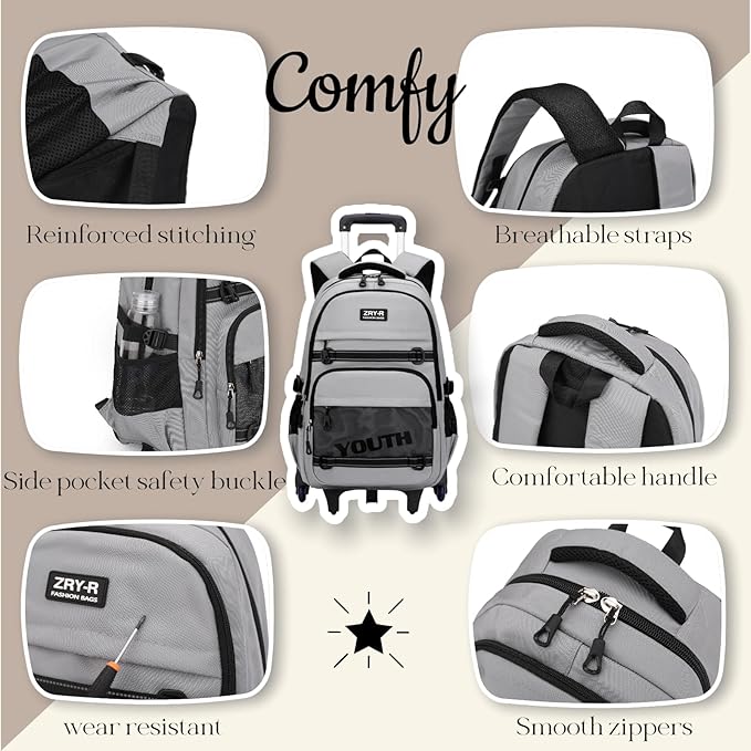 EKUIZAI Kids Rolling Wheeled Backpack for Boys Girls Roller Middle School Backpack with Wheels Rolling Bookbag Trolley Bag for Kids，6 Wheels Black
