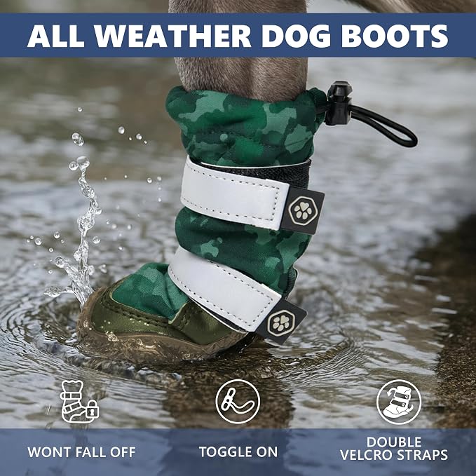 Spark Paws Dog Rainboots, Waterproof Dog Shoes for Medium to Large Dogs, Non Slip, Dog Booties and Paw Protectors - 4PCS Doggie Hiking Boots with Reflective Straps - Green Camo, Size 3