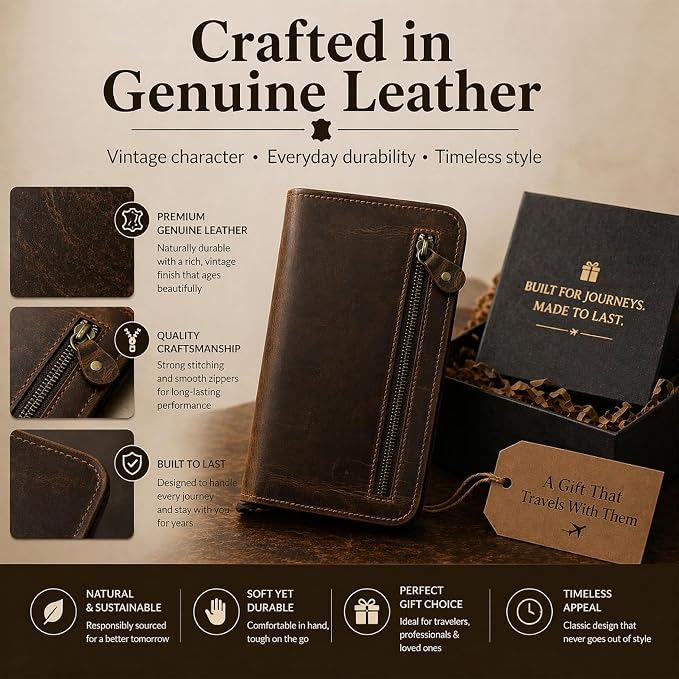 Brown Leather Family Passport Holder - Travel Document Organizer Wallet with Card Slots ID Window Zipper Closure for Multi Passport Storage Travel Use, 5 x 9
