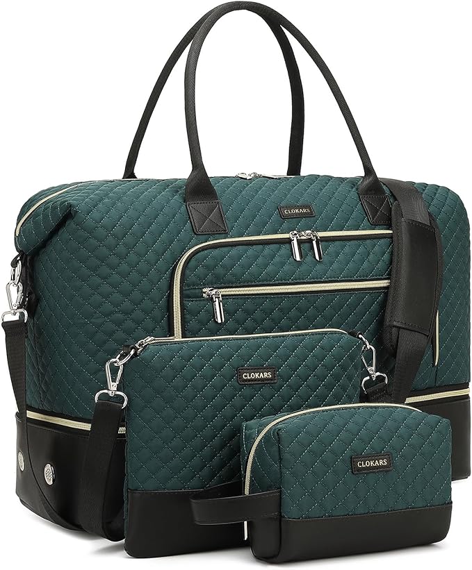Weekender Bags for Women Travel, Under Seat Carry On Bags for Airplanes Overnight Bag with Shoe Compartment Luggage Sleeve, Foldie Travel Tote Bag Hospital Bag, Travel Gifts, DarkGreen Black