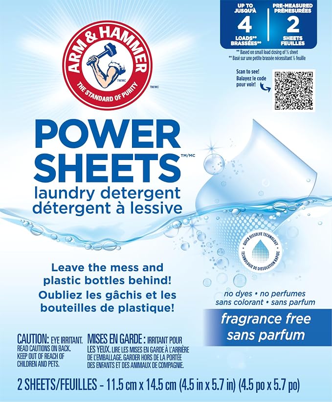 Arm & Hammer Fragrance Free Laundry detergent Sheets, Case of 115, travel pack
