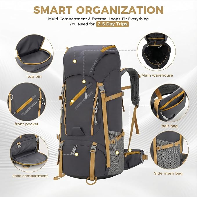 Bseash 65L Waterproof Hiking Camping Backpack with Rain Cover, Outdoor Sport Travel Daypack for Climbing Touring (Gray)