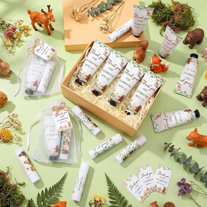 50 Sets Woodland Animal 200 Pcs Baby Shower Hand Lotion and Lip Balm Gift Theme Baby Shower Party Favors Travel Size Hand Lotion and Lip Balm Bulk with Organza Bags Tags