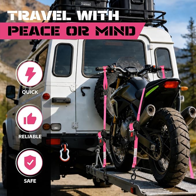 Retractable Ratchet Straps 1" x 13Ft, Heavy Duty Self Retracting Tie Down Straps, 1800lb Break Strength Auto Retract Cargo Straps for Truck, Trailer, Motorcycle, ATV, UTV, (Pink, 2 Pack)