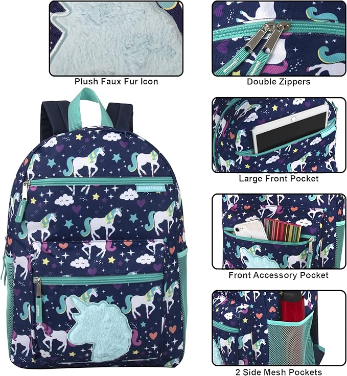 Trail maker 17” Kids Character School Backpacks Plush for Girls with Side Pockets, Padded Straps