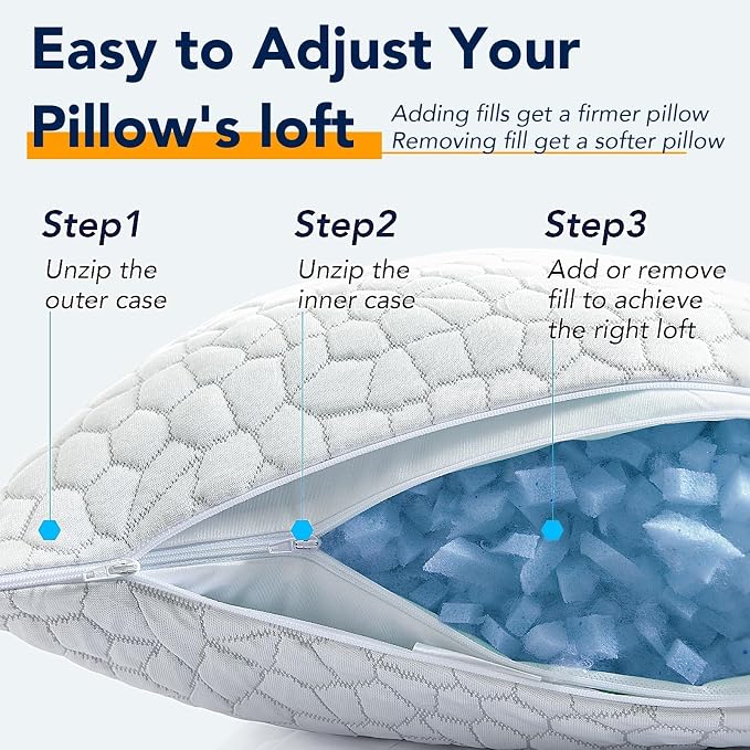 QUTOOL Cooling Pillow for Sleeping, CertiPUR-US Shredded Memory Foam Standard Pillow Set of 1, Cool Pillow for Hot Sleepers Adjustable Firm Pillow for Side,Back,Stomach Sleepers Soft Yet Support,White