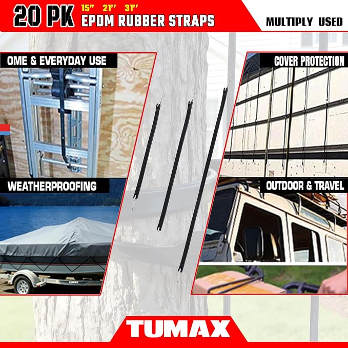 20PCS Rubber Tarp Straps Assorted Sizes with 150% Max Stretch, 100% EPDM Bungee Cords with Hooks, Ideal for Securing Tarps, Cargo, Canvases, 15", 21", 31"
