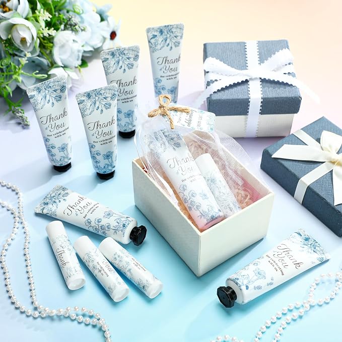 48 Sets/ 192 Pcs Something Blue Floral Bridal Shower Party Favors Bulk Something Blue Before I Do Hand Cream and Lip Balm Gift Travel Size Hand Lotion Bridal Shower Wedding Favors for Guest