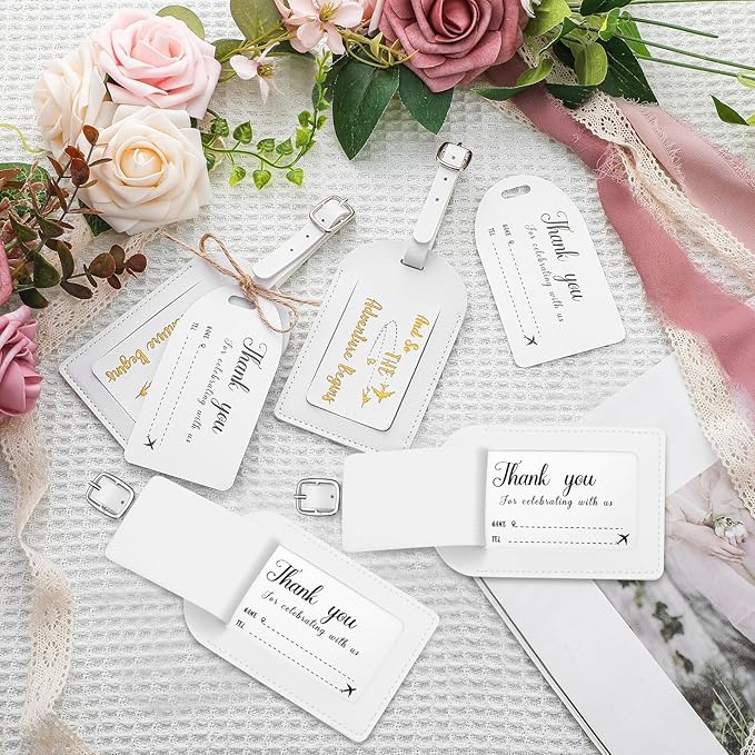 Sweetude 48 Sets Bulk Luggage Tags Wedding Favors and So The Adventure Begins Leather Luggage Tags for Suitcases with Name Card for Travel Themed Bridal Shower Graduation Party Favor(White)