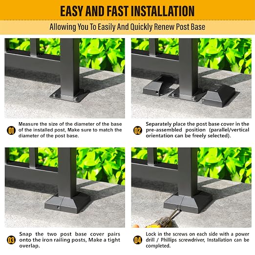 Black Post Base Covers - Outdoor/Indoor Split Type Decorative Skirts for Iron Deck Railings (4Pack)
