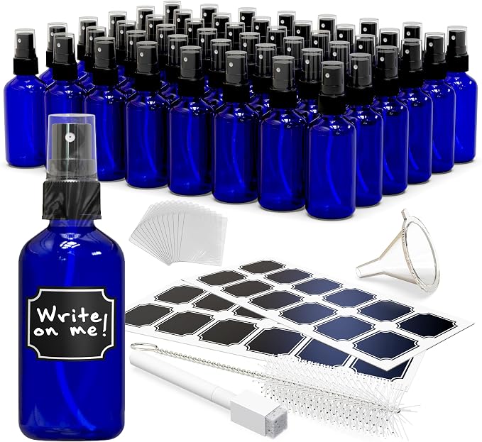 Nevlers Small Glass Spray Bottles 4 Oz 48 Pack Mini Spray Bottle for Oil | Cobalt Blue Bottle Set w/ Labels, Marker, Brush, Funnel & Shrink Wrap | Practical Plant Spritzer & Glass Cleaning Bottles
