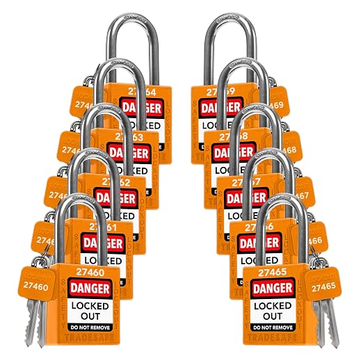 TRADESAFE Lockout Tagout Locks Set - 10 Orange Loto Locks, Lockout Locks Keyed Different, 2 Keys Per Lock, OSHA Compliant Lock Out Tag Out Padlocks, Safety Padlocks for Electrical Lockout Tag Out Kits