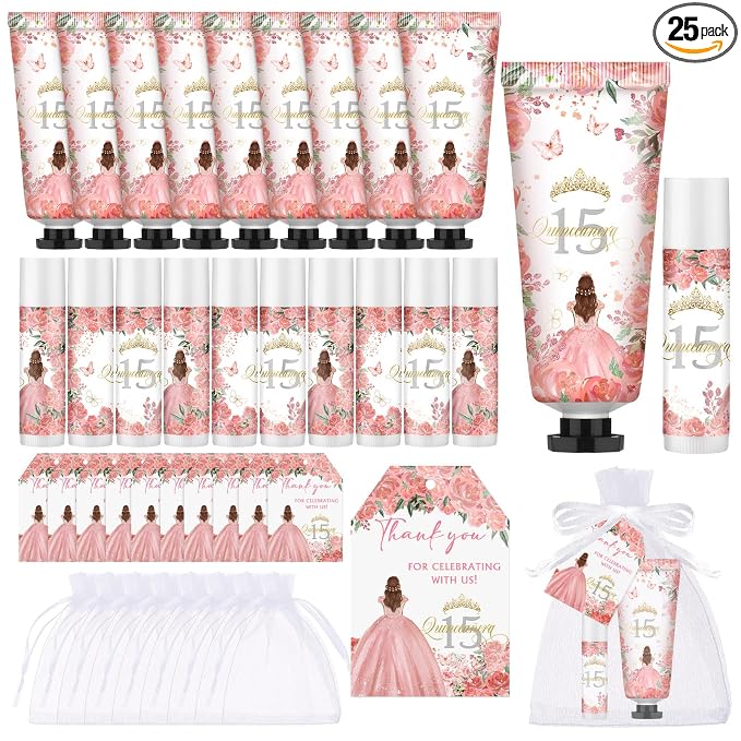Leelosp 25 Set/100 Pcs Quinceanera Party Favor for Guest with Travel Size Hand Cream, Lip Balm, Card, Organza Bags Quinceanera Gift Set Sweet 15th Party Supply Birthday Souvenir (Pink)