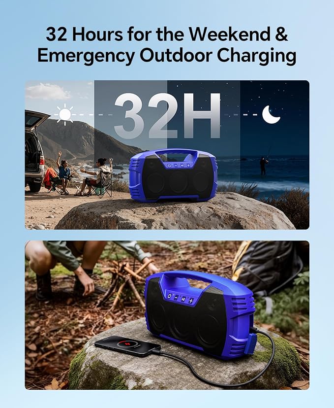 IPX7 Waterproof Outdoor Bluetooth Speaker, Wireless, 90W(Peak), 32H Playtime, Floating Design, Deep Bass & Loud Stereo Sound, Portable with Handle, Rugged for Pool, Beach, Kayaking, Hiking, Blue