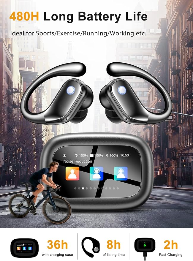 jaddsa Wireless Earbuds, Bluetooth 5.4 Sport Headphones with Smart Charging Case, ENC Noise Cancelling, Ear Buds with IPX7 Waterproof & Bass Stereo Sound for iOS, Android – Mattle Black