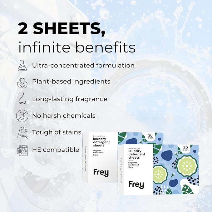 FREY Plant-Derived Laundry Detergent Sheets, 60-Count (Pack of 2) – Eco-Friendly Liquidless Detergent Strips, Travel-Friendly Biodegradable Eco-Sheets (Bergamot Beach)