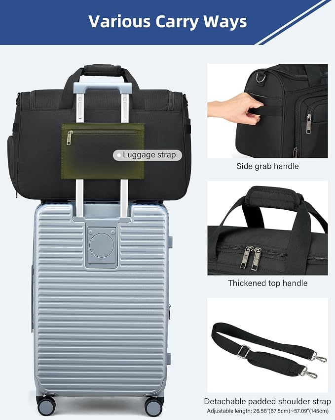 HanTrip Carry on Duffel Bag Foldable Duffle Bags for Travel, Large Personal Item Bags for Airplanes, Weekender Overnight Mens Travel Tote Bag for Women Softside Carry on Luggage (Black)