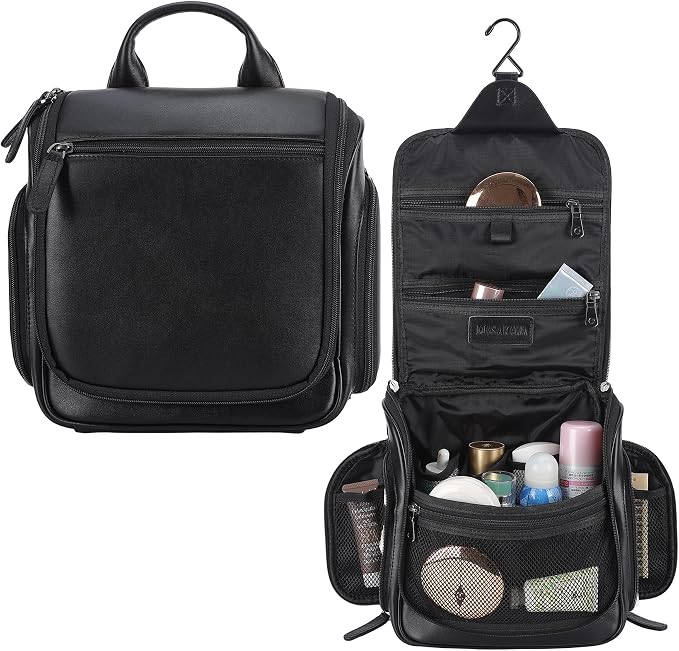 Masa Kawa Leather Hanging Travel Toiletry Bag for Men Portable Expandable Camping Cosmetics Makeup Toiletries Organizer Waterproof Bathroom Shaving Kit Black Wash Bags