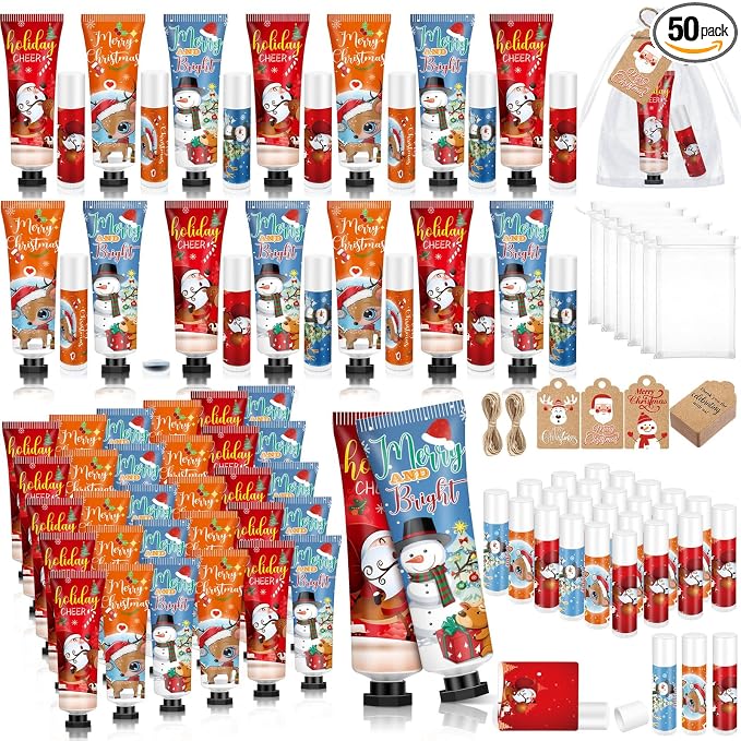 50 Sets Christmas Hand Cream and Lip Balm Gift Set Bulk Christmas Stocking Stuffers Holiday Gifts Xmas Party Favors for Women Coworkers Winter Lip Care with Organza Bags Tags (Classic Style)
