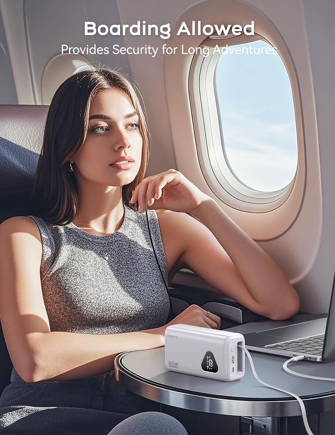 RORRY Laptop Power Bank, 25000mAh 65W Portable Laptop Charger Battery Bank PD Fast Charger Built in Retractable Cables, for iPhone 17/16/15 Series, MacBook, Samsung, Dell, XPS, iPad, Steam Deck, White