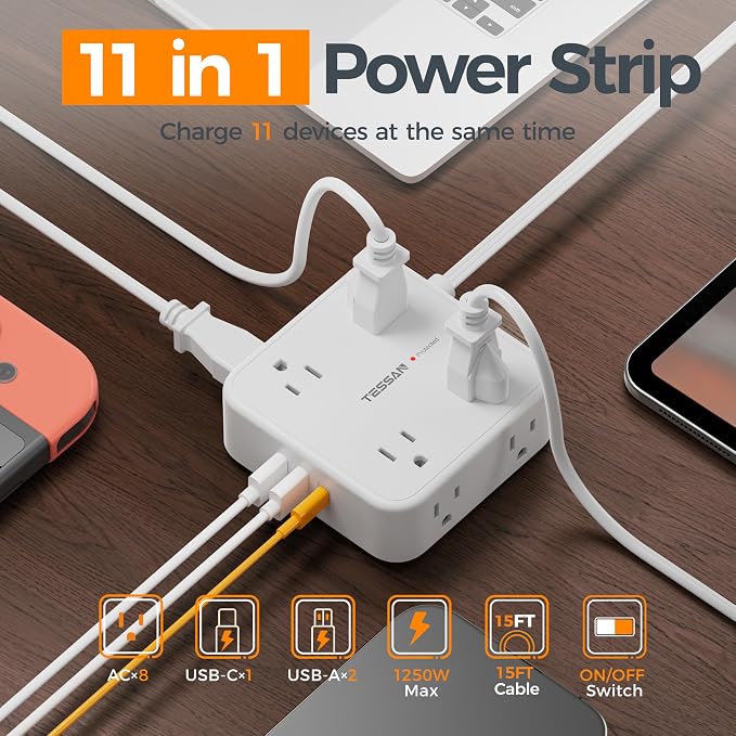 TESSAN Surge Protector Power Strip, 15 Ft Flat Plug Extension Cord with 3 USB (1 USB C 20W PD) 8 Outlets, 1250W, 900J Protection, 3 Sided Outlet Extender with Power Switch for Office, Dorm Room, White
