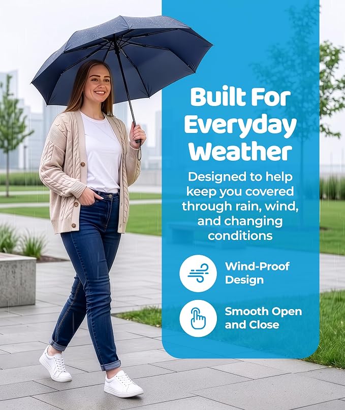 Rain-Mate Windproof Compact Umbrellas for Rain - Strong Reinforced Fiberglass Rib Design & Auto Open & Close - Portable Folding Travel Umbrella - Lightweight & Packable for Women & Men, Easy Collapse