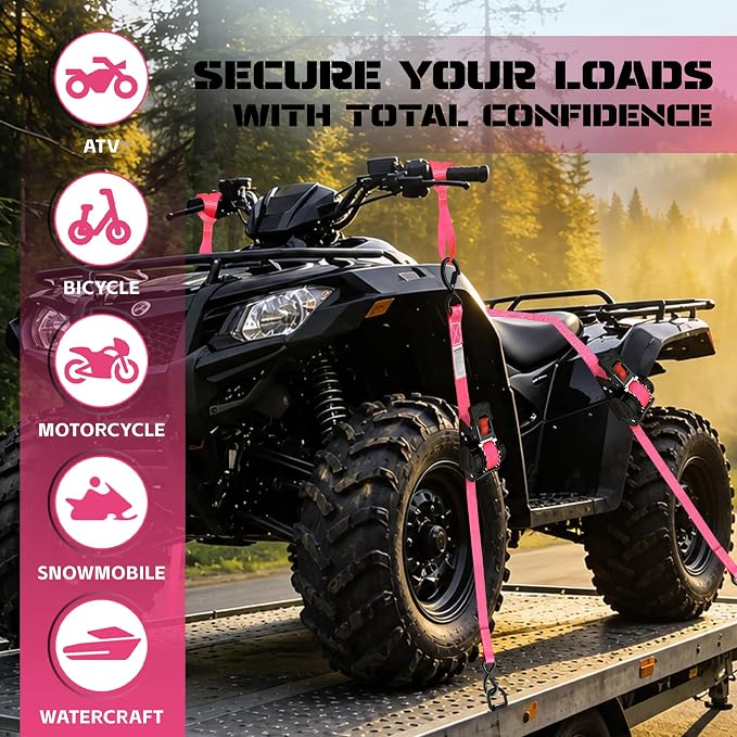 Retractable Ratchet Straps 1" x 13Ft, Heavy Duty Self Retracting Tie Down Straps, 1800lb Break Strength Auto Retract Cargo Straps for Truck, Trailer, Motorcycle, ATV, UTV, (Pink, 2 Pack)