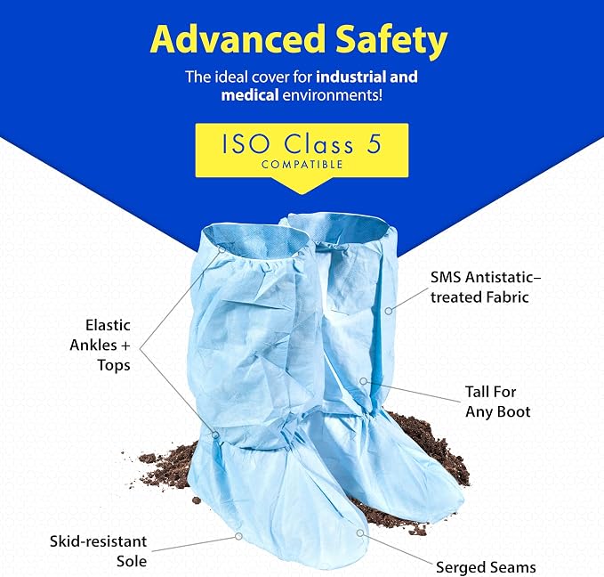 Quest Traction Disposable Boot & Shoe Covers 18" Tall – Non-Slip, Water-Resistant Protective Overshoes, Blue, X-Large, 50 Pairs for Cleanroom, Medical & Industrial Use