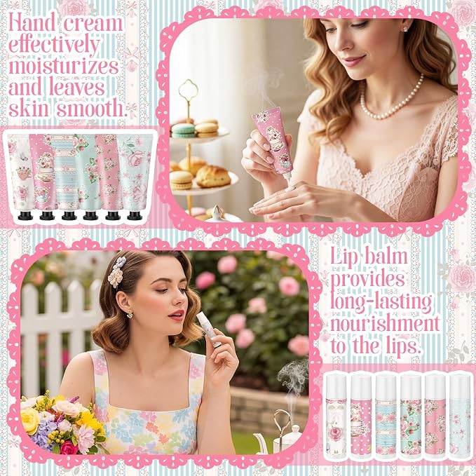 6 Sets Tea Party Favors Mini Hand Cream Lip Balm Bulk Gift Set for Women Wedding Party Favors for Guests Travel Size Hand Lotion Vintage Floral Moisturizing Lip Balm Gifts for Baby Shower