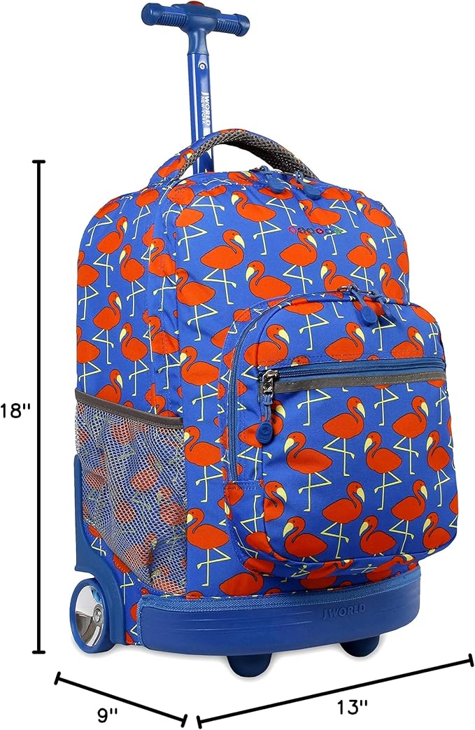 J World Sunrise Kids Rolling Backpack for Girls Boys. Roller Bookbag With Wheels For School, Flamingo