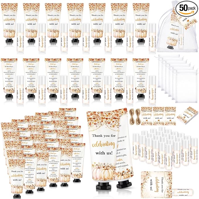 50 Sets 200 Pcs Baby Shower Hand Lotion and Lip Balm Gift Fall Thank You Theme Baby Shower Favors Travel Size Hand Lotion and Lip Balm Bulk with Organza Bags Tags