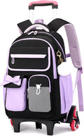 Rolling Backpack for Girls Kids Trolley Rolling School Bag Wheeled Backpack for Elementary School Roller Bookbags on 6 Wheels, Black Purple